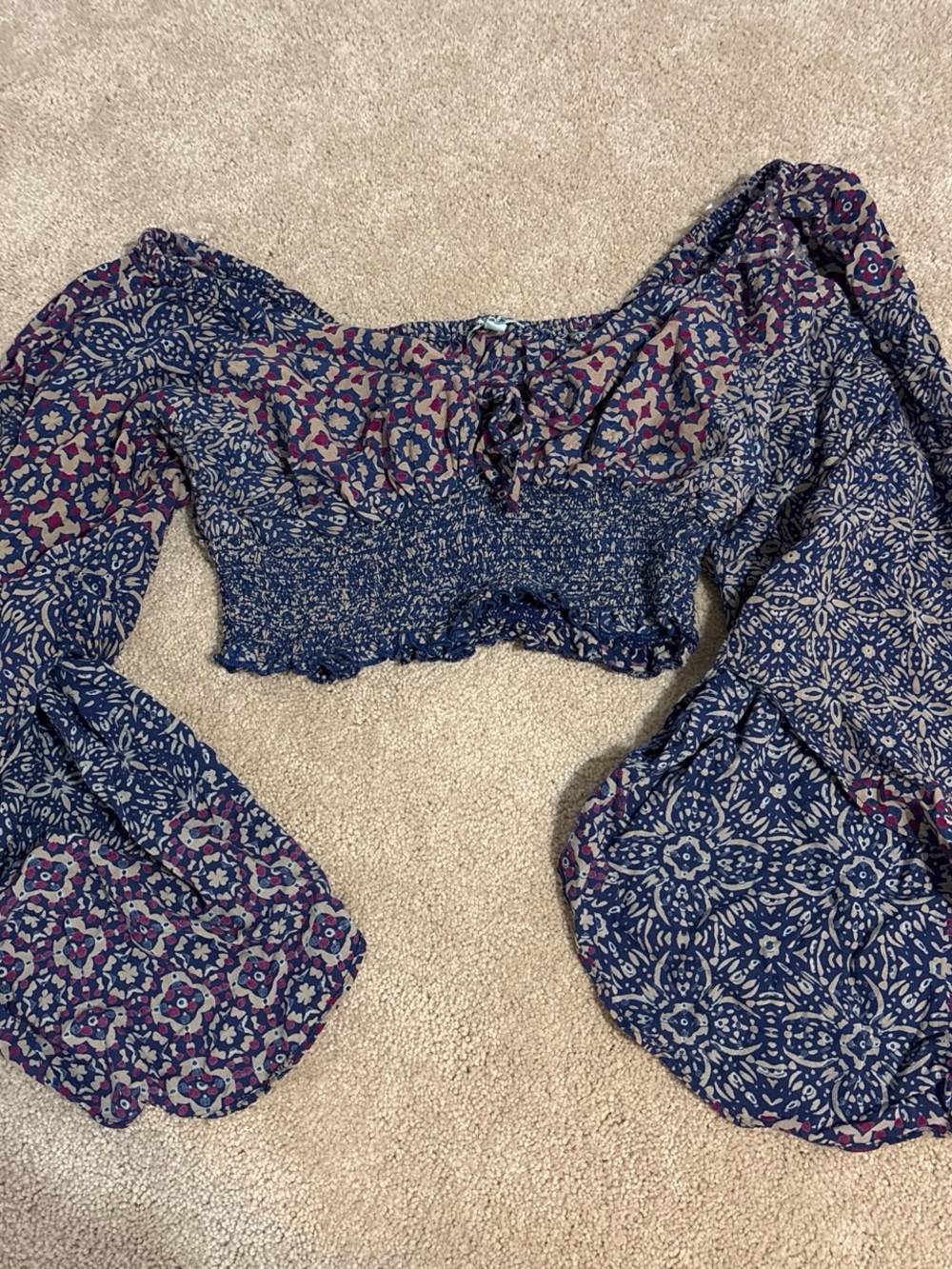 Nostalgia Navy Blue Floral Smocked Off-Shoulder Crop Top